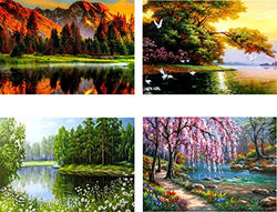 4 Pack 5D Diamond Painting Art Dotz Paint by Numbers Full Drill Kits Supplies for Adults Kids Lake Tree Woodland Scenery Landscape Wall Decor, 12X16inch