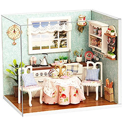 Ogrmar Wooden Dollhouse Miniatures DIY House Kit With Cover and Led Light-Happiness Kitchen