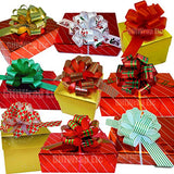 Assorted Christmas Gift Pull Bows - 5" Wide, Set of 9, Red, Green, Gold, Stripes, Swirls, Bows