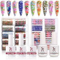SXC G-18 Nail Foil Glue Gel Complete Kit with Foil Stickers Nail Transfer Tips Manicure Art DIY 2X 15ML, 20PCS Flower Stickers 3X 8ml Top Coat, Matte Top Coat & Base Coat, UV LED Lamp Required