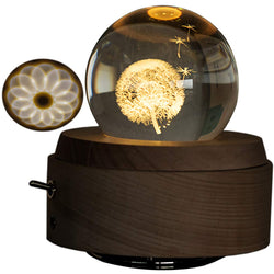 Amperer 3D Crystal Ball Music Box Dandelion Luminous Rotating Musical Box with Projection LED Light and Wood Base Best Gift for Birthday Christmas (6# Dandelion)