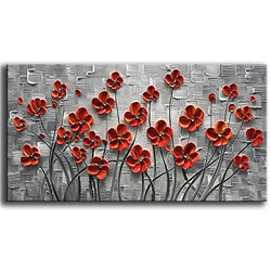 YaSheng Art - Hand painted 3D Oil Paintings On Canvas Red Flowers Paintings Modern Home Decor Abstract Artwork Canvas Wall Art Paintings,Stretched and Framed Ready to Hang 24x48inch