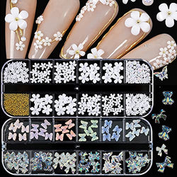 Acrylic Colorful Butterfly Flower Bear 3D Nail Art Charms Multi Sizes White Spring Blossom Tiny Flowers Polar Butterfly Bows Nail Charms Mix Pearl Gold Round Beads for Nail DIY Applique Jewelry