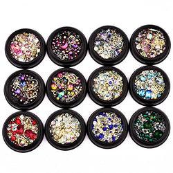 BlueZOO 12 Pack Mixed Nail Art Décor Accessories Decorations Rhinestones Diamonds Crystals Metal