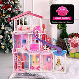 All Plastic Assembled 3.9-FT Large Doll House Dreamhouse, 3-Story Dollhouse Playhouse w/ 3 Dolls, Pool, Slide and Furniture, 2022 Birthday Santa Gifts for 3 to 12 Year Olds Girls Kids