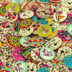 Pack of 50PCS Clock Buttons Colorful of Various Plain Round DIY 2 Holes Wooden Buttons for Sewing