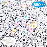 850+Pcs Letter Beads 6x6mm A-Z Cube White Acrylic Alphabet Beads for DIY Jewelry Making Kit Bracelets Necklaces Include 30Pcs Black Heart Beads, 40Pcs Colorful Heart Beads and Elastic Crystal Strings