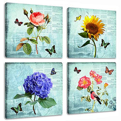 4 Panels Abstract Flower Picture Artwork Contemporary Rose Floral Paintings Butterfly Animal Wall Art Print on Canvas for Living Room Home Decoration