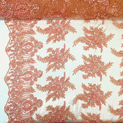 Floral Bridal Lace Sequins Beaded Scallop Fabric for Dresses 52’’ BTY All Colors (Coral)
