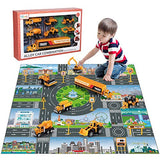 TEMI Diecast Engineering Construction Vehicle Toy Set w/ Play Mat, Truck Carrier, Forklift, Bulldozer, Road Roller, Excavator, Dump Truck, Tractor, Alloy Metal Car Play Set for Kids, Boys & Girls