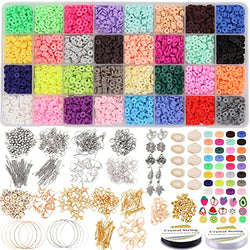 EuTengHao Flat Clay Beads Kit,Round Polymer Clay Spacer Beads,Ceramic Beads,32 Colors African Disc Beads for Bracelets Necklace Earring Jewelry Making with Pendant and Jewelry Findings (8632Pcs)