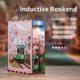 Book Nook Kit DIY 3D Wooden Puzzles Dollhouse Bookshelf Insert Diorama Decor Alley Cherry Blooming Season Personalized Assembled Bookends Build-Creativity Kit with Sensor Lights for Teens and Adults