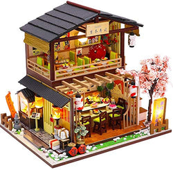 SYW Miniature Dollhouse with Furniture and LED Lights, Japanese Model Kit Wooden Dollhouse, 1:24 Scale Wooden Handmade Building Model Puzzle Toy (Sushi Shop )