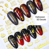 Halloween 3D Nail Art Stickers Day of the Dead Nail Decals Gold Nail Supplies Black Russian Letters Cross Spider Web Pumpkin Bat Ghost Skull Horror Self Adhesive Decals Manicure Decoration 9 Sheets