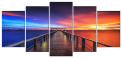Pyradecor Sunset Bridge Giclee Canvas Prints Wall Art Seascape Ocean Picture Paintings Ready to Hang for Living Room Bedroom Home Decorations 5 Panels Modern Stretched and Framed Landscape Sea Artwork
