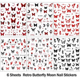 6 Sheets Butterfly Nail Stickers, 3D Black Butterfly Rose Moon Starlight Nail Stickers for Nail Art, Self-Adhesive Butterflies Decals DIY Women Nail Decoration