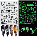 Luminous Halloween Nail Art Stickers 3D Halloween Nail Decals Halloween Nail Designs Supplies Horror Alien Ghost Face Skull Pumpkin Snake Bat Spider Witch Nail Sticker for Women Girls (8 Sheets)