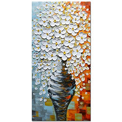 Asdam Art Oil Paintings - 3D Hand painted Flower Canvas Paintings White Vase Art Vertical Wall art Abstract Modern Wall Artwork Decor For living Room Bedroom Bathroom Home Framed 24x48 inch