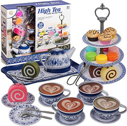 IQ Toys Tea and Cake Set Pretend Play Tea Party - 39 Piece Vintage Designed Porcelain Look Play food accessories Set for Kids with Teapot, Saucers, Tea Cups
