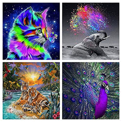 AkiiGer 4 Pack 5D Diamond Painting Kits for Adults, Diamond Art Kit, Animals, Cats, Tigers, Peacocks, Elephants Full Drill Diamond Painting Without Frame, 11.8 x 11.8 inch