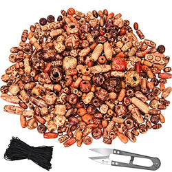 TecUnite 500 Pieces Printed Wooden Beads Various Shapes Loose Spacer Beads Scissors Beading Cord