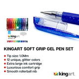 KINGART 400-12 Glitter 12 Pack with 50% More Ink & Soft Artists Soft Grip Gel Pen Set, Set of 12, Vivid Colors