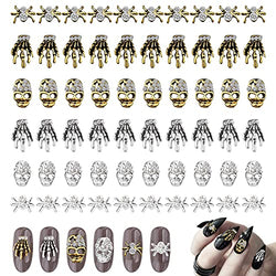 60 Pcs 3D Halloween Nail Art Charms Skull Spider with Rhinestones, TOROKOM Vintage Skeleton Hand Alloy Nail Art Jewelry Decoration Halloween Nail Glitters for DIY Nail Tip Crafts (Gold & Siliver)