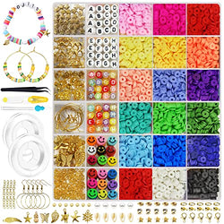 Total 5000 Pcs | Clay Beads for Bracelet Making Kits, 18 Colors 4500 pcs Flat Clay Heishi Beads Kits,16 A-Z Letter Smiley Face Pendant Beads, Strings for Jewelry Making Kit Clay Beads Kit Necklace