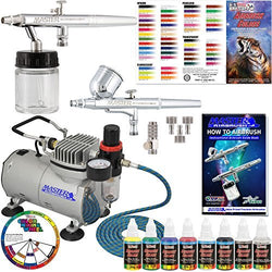 Master Airbrush Cool Runner II Dual Fan Air Compressor Airbrushing Acrylic Paint System Kit with 2 Professional Airbrushes, Hose - 6 Primary Acrylic Paint Colors Artist Set - How To Guide, Color Chart