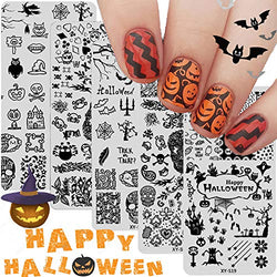 Halloween Nail Art Stamping Plates - 5PCS Halloween Nail Stamp Plate Templates Pumpkin Grimace Skull Eye Nail Stamper Kit Halloween Holiday Party Manicure Stencils Design Tool