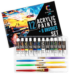 Acrylic Paint Set & Brushes with Rich Pigments in 12 Vivid Colors with 6 Starter Brushes Is Great