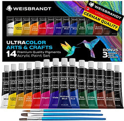 WEISBRANDT Ultra Color Arts & Crafts Acrylic Paints, 14 Colors, Premium Quality Pigments, Matte Finish, 0.4oz/12 ml, Water-Based Acrylic Paint Set, for all Porous Surfaces
