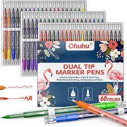 Ohuhu 60 Colors Dual Brush Pens, Sketch Markers Dual Tips with Fine & Brush Tips, Water-based Blendable Marker Pen for Coloring, Calligraphy, Sketching, Doodling, Drawing, Journaling, Hand Lettering