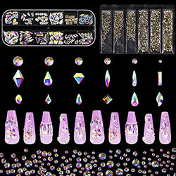 1848 pcs AB Crystal Nail Art Set 1728pcs Rhinestones Nail Gems Iridescent Clear Class,120pcs Multi-Shape Flat Back Shiny Nail Jewels for Nail Art DIY Crafts