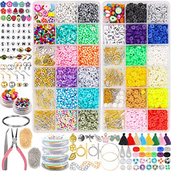 LET'S BEADING Flat Round Striped Clay Beads&Pearl Beads Kit with Letter Beads Enamel Oil Charms Fruit Beads Tassels Copper Wires Jewelry Findings for Jewelry Making Bracelets Necklace Earring Crafts