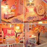 DIY Dollhouse Kit, BicycleStore 1:24 Scale Wooden Miniature Dollhouse Kits with LED Light and Music Box Pink Mini 3D Doll House Furniture Model Accessories Home Decoration Gift for Adults Kids