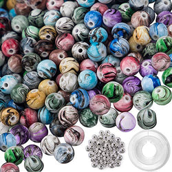 Quefe 500pcs 8mm Multi Color Acrylic Round Loose Beads in Ink Patterns with 50 Pcs Spacer Beads and