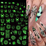 Luminous Halloween Nail Art Stickers 3D Halloween Nail Decals Halloween Nail Designs Supplies Horror Alien Ghost Face Skull Pumpkin Snake Bat Spider Witch Nail Sticker for Women Girls (8 Sheets)