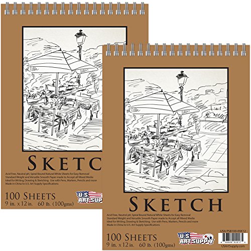 U.S. Art Supply 9" x 12" Premium Spiral Bound Sketch Pad, Pad of 100-Sheets, 60 Pound (100gsm)
