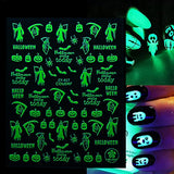 Halloween Luminous Nail Art Stickers 3D Self-Adhesive Glow in The Dark Nail Decals Skull Pumpkin Ghost Design Nail Stickers Foils for DIY Nail Art Halloween Party Decorations Supplies