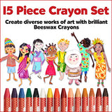 Faber-Castell World Colors Beeswax Crayons - 15 Count, 9 Traditional and 6 Skin Color Crayons - Multicultural Crayons for Kids