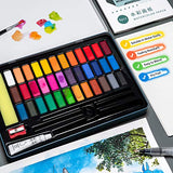 MIYA Watercolor Paint Set, Solid Water Coloring Paints for Kids, Beginners, Art Students, Adults - 36 Vivid Colors in Portable Case including 8 Water Color Paper + Water Brush Pen + Paint Brush (Blue Box)