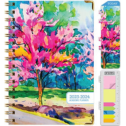HARDCOVER Academic Year 2023-2024 Planner: (June 2023 Through July 2024) 5.5"x8" Daily Weekly Monthly Planner Yearly Agenda. Bookmark, Pocket Folder and Sticky Note Set (Watercolor Tree)