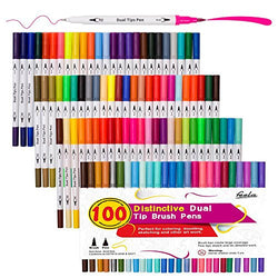 100 Colors Dual Tip Brush Pens with Fineliners Art Markers, Feela Watercolor Dual Brush Tip and Highlighters for Adult Coloring Books, Art, Sketching, Calligraphy, Manga, Bullet Journal