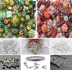 Approx X 400 Jewelry Making Beads Glass Wooden Tibetan Beads Kit in Green Pink & Jewelry Findings