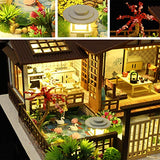 WYD 3D Wooden House Sakura Garden Japanese Assembled Doll House Kit with LED Light Miniature Furniture Kit for Family, Friends and Children