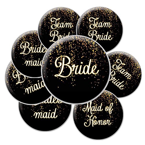 16 Black and Gold Sparkle Team Bride Buttons - Bachelorette Buttons - Bridal Party Buttons