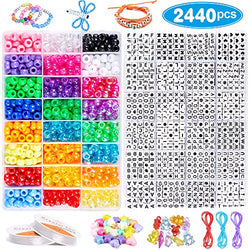 VICOVI 2440pcs Pony Beads Kit for Bracelet Jewelry Making, Include 1200 Rainbow Beads, 1200 Letter Beads, 20+ Heart & Star Beads, Charms, Elastic String & Waxed Cord.