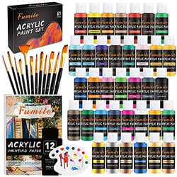 Acrylic Paint Set,61Pcs Set with 36 Colors (60ml, 2oz) ,12 Brushes ,1 Palette and 12pcs A4 Painting Paper for Artists,Beginners and Kids on Rocks, Crafts, Canvas,Wood, Fabric and Ceramic