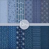 Zyoug 12pcs 18x 10.5 inches (46 x 27 cm) 100% Cotton Fabric with 12 Different Pattern, Precut Fat Eighth Bundle Fabric for Patchwork DIY Craft Sewing (Daek Blue Pattern)